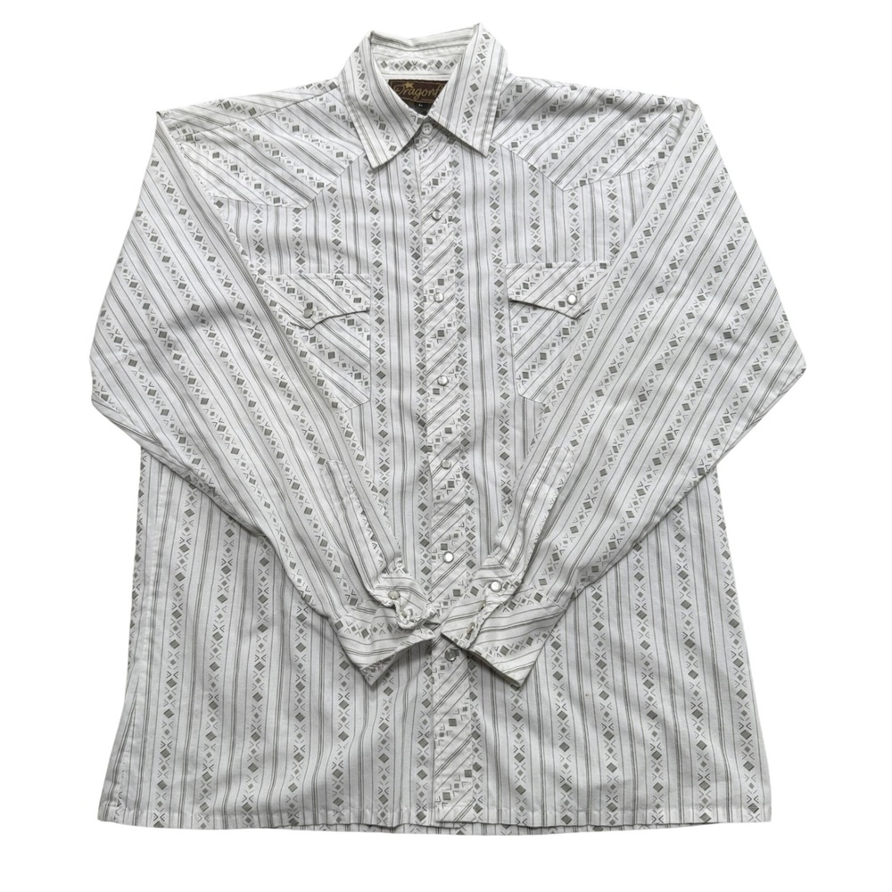 Dragonfly Shirt Men's Large White Geometric Stripe Pearl Snap Western USA Made